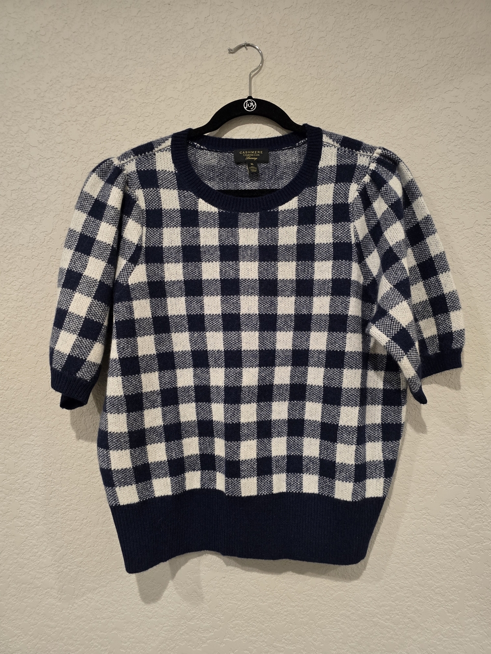 Charter Club Luxury Cashmere Navy and White Gingham Crewneck Sweater
